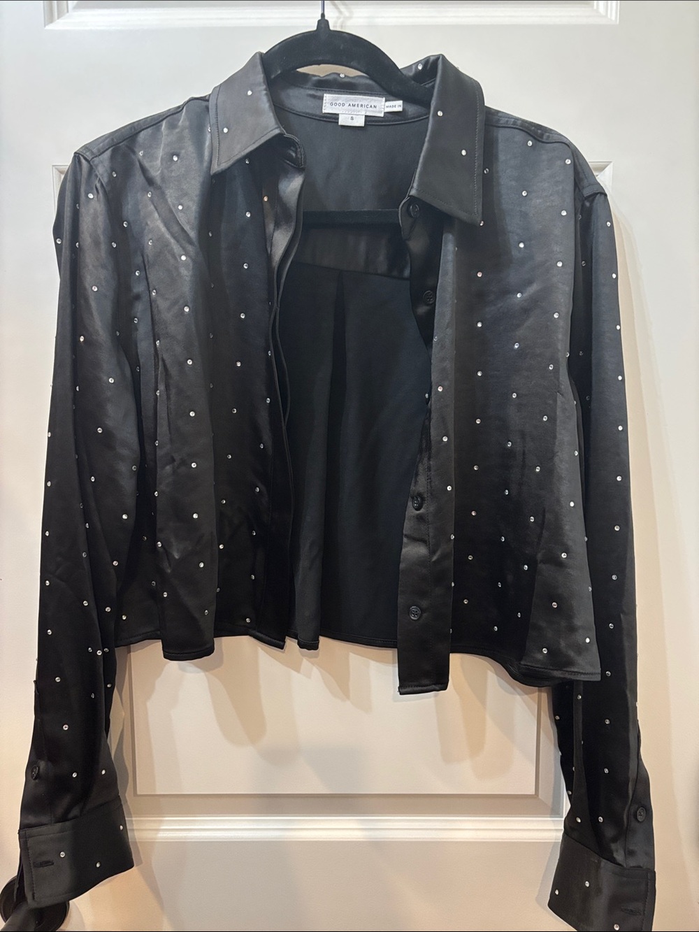 Good American Black Cropped Leather Jacket with Crystal Studs